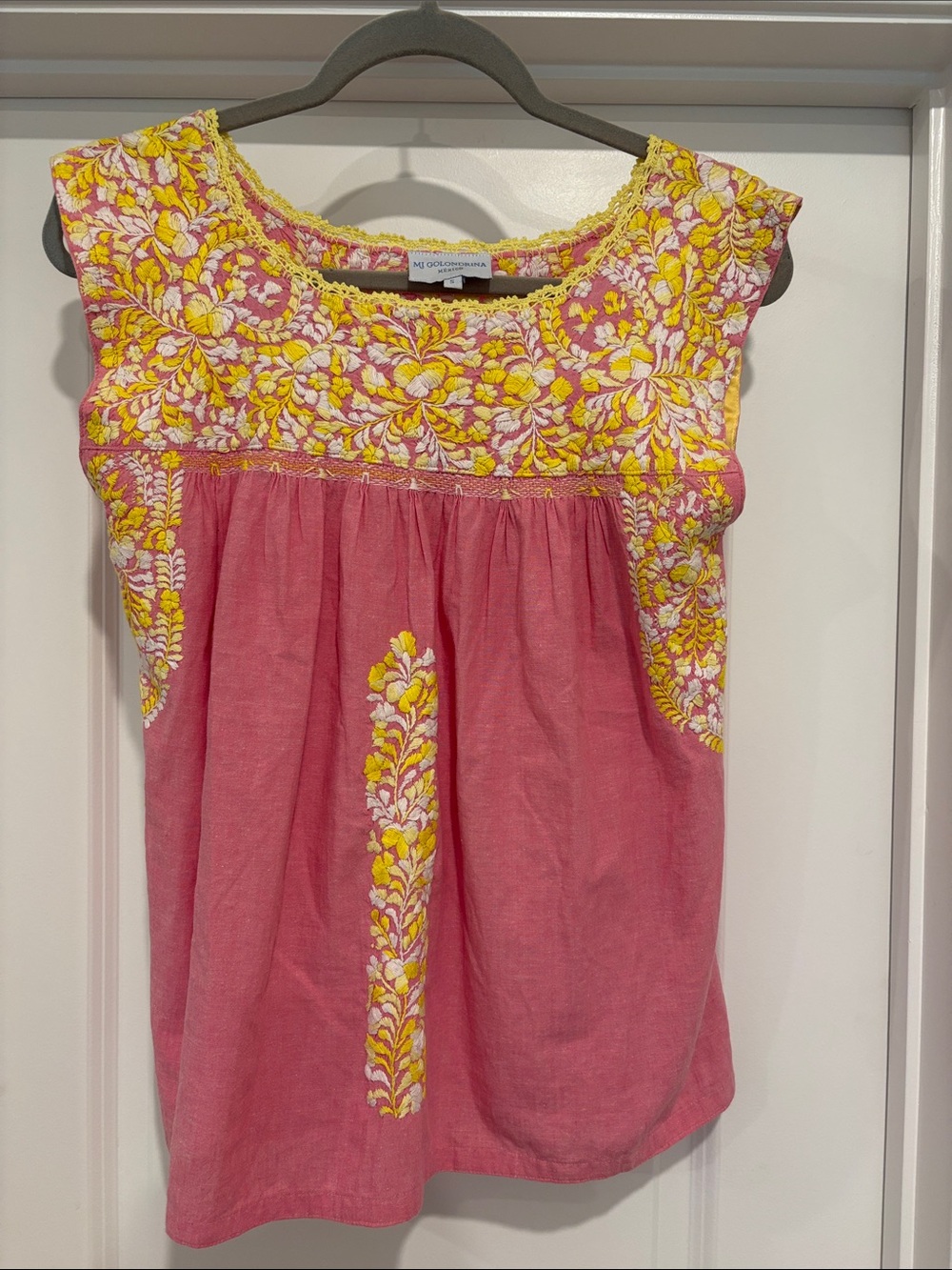 Mi Golondrina Pink Dress with Yellow & White Floral Embroidery